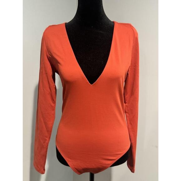Babaton Bodysuit Womens Large Orange Long Sleeve Deep V Neck Stretch Jersey - Picture 2 of 8